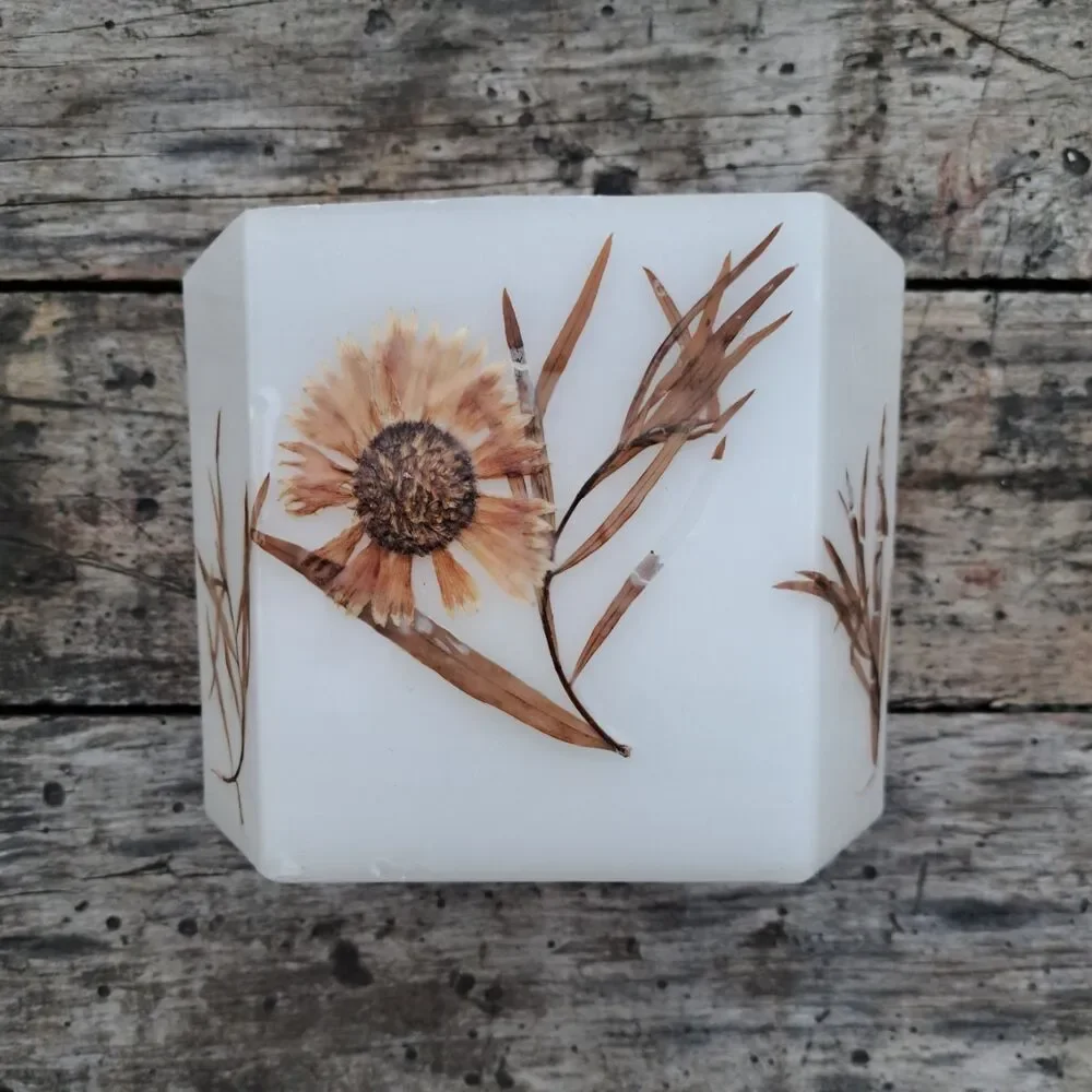 Large Luminary Wax Votive Candle Floral Flower White Handmade